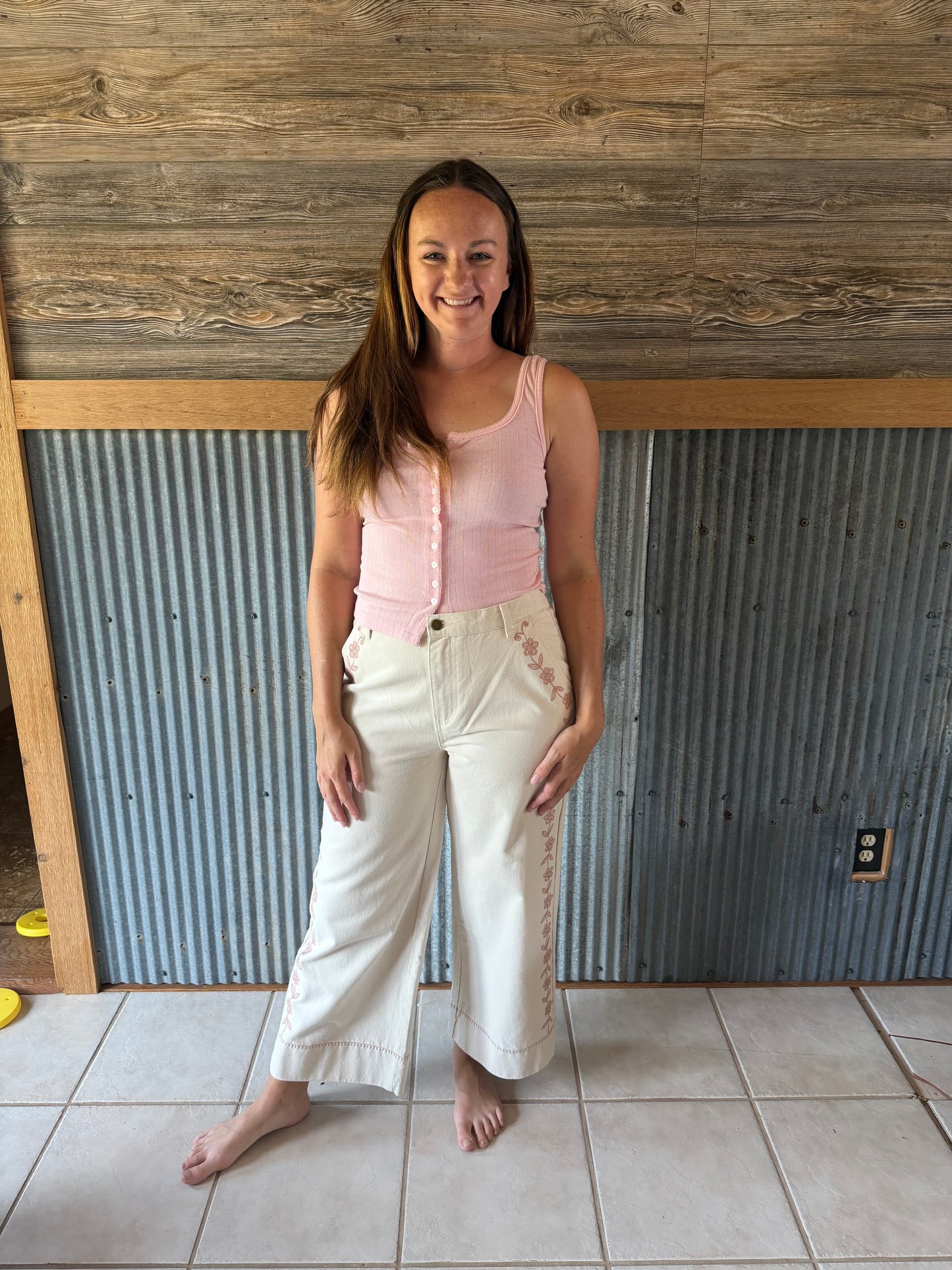Embroidered Wide Leg Pant