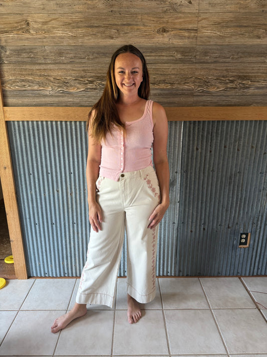 Embroidered Wide Leg Pant